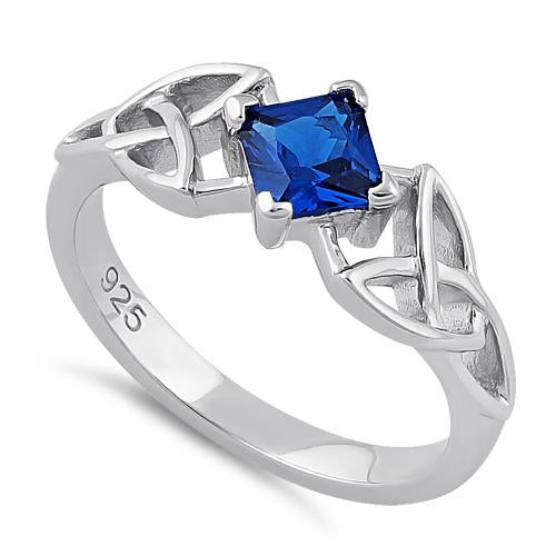 Sterling Silver Celtic Princess Cut Blue Spinel CZ Ring