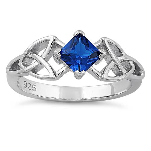 Sterling Silver Celtic Princess Cut Blue Spinel CZ Ring