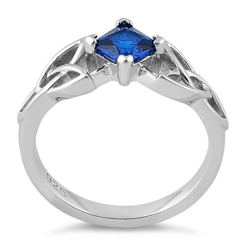 Sterling Silver Celtic Princess Cut Blue Spinel CZ Ring
