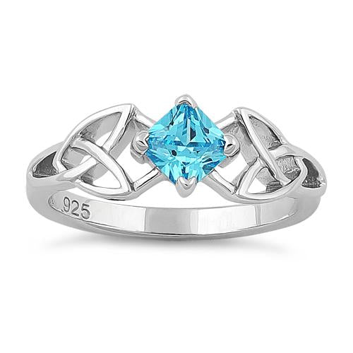 Sterling Silver Celtic Princess Cut Aqua Blue CZ Ring