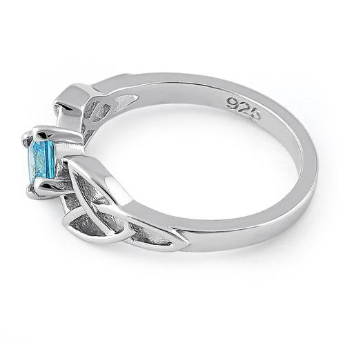 Sterling Silver Celtic Princess Cut Aqua Blue CZ Ring