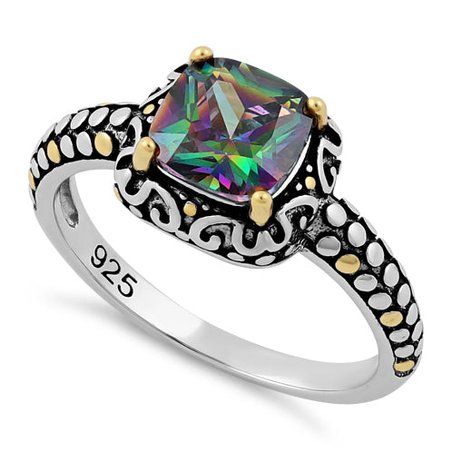 Sterling Silver Celtic Rainbow Topaz Cushion CZ Ring