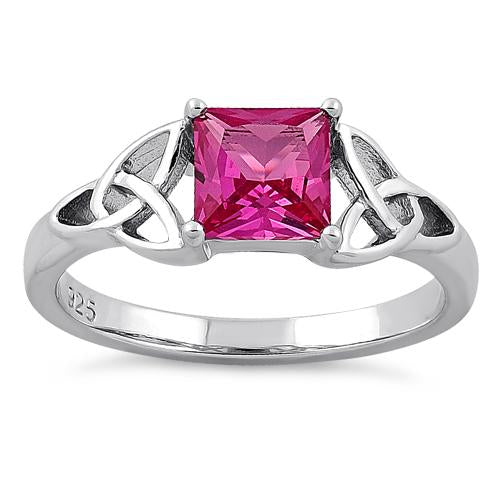 Sterling Silver Celtic Pink Princess Cut CZ Ring