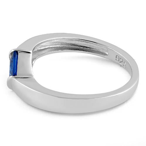 Sterling Silver Channel Bar Square Blue Spinel CZ Ring