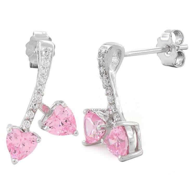 Sterling Silver Cherry Hearts Pink CZ Earrings