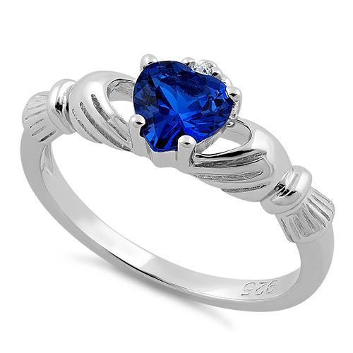 Sterling Silver Claddagh Blue Sapphire CZ Ring