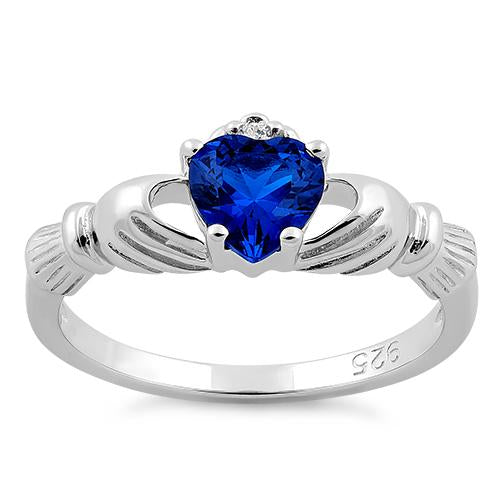 Sterling Silver Claddagh Blue Sapphire CZ Ring