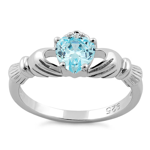 Sterling Silver Claddagh Blue Zircon CZ Ring