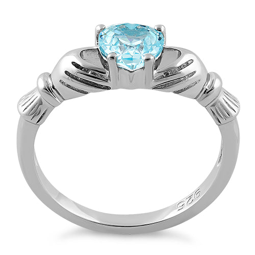 Sterling Silver Claddagh Blue Zircon CZ Ring