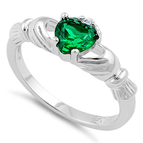 Sterling Silver Claddagh Emerald CZ Ring