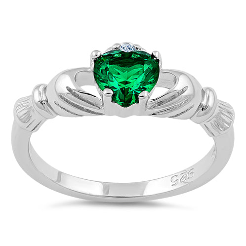 Sterling Silver Claddagh Emerald CZ Ring