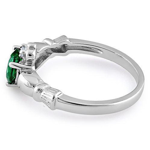 Sterling Silver Claddagh Emerald CZ Ring