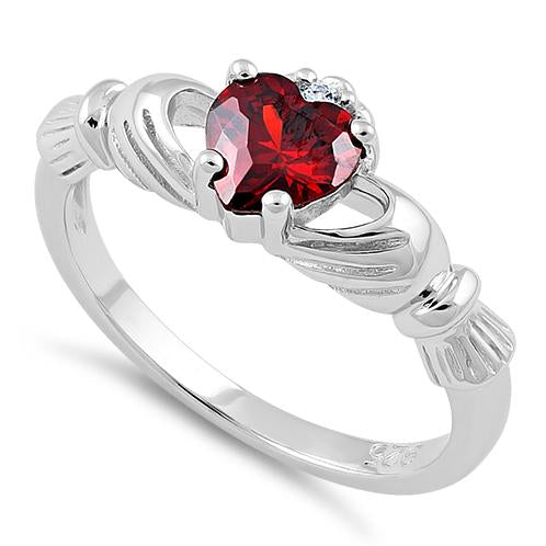 Sterling Silver Claddagh Garnet CZ Ring