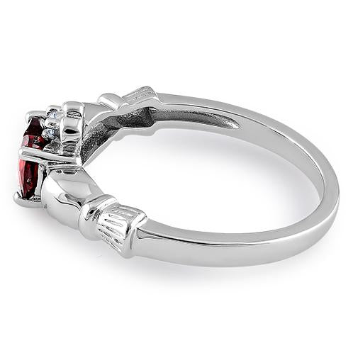 Sterling Silver Claddagh Garnet CZ Ring