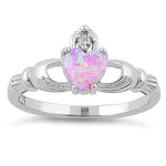 Sterling Silver Claddagh Pink Lab Opal CZ Ring