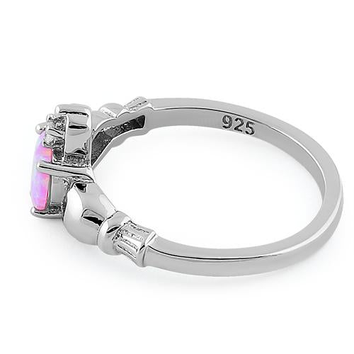 Sterling Silver Claddagh Pink Lab Opal CZ Ring