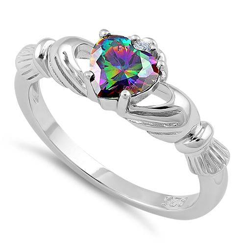 Sterling Silver Claddagh Rainbow CZ Ring