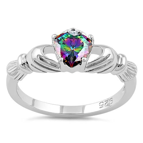 Sterling Silver Claddagh Rainbow CZ Ring