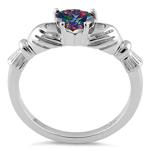 Sterling Silver Claddagh Rainbow CZ Ring