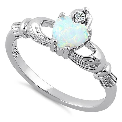 Sterling Silver Claddagh White Lab Opal CZ Ring