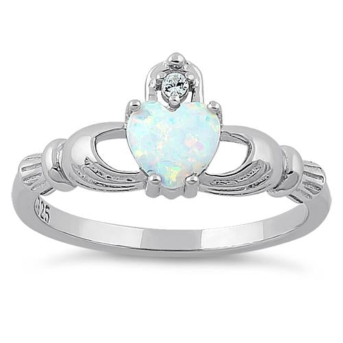 Sterling Silver Claddagh White Lab Opal CZ Ring