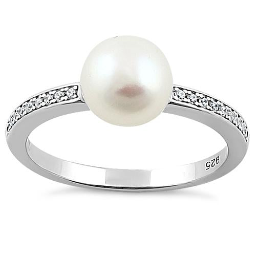 Sterling Silver Classic Synthetic Pearl Round Clear CZ Ring