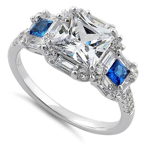 Sterling Silver Classic Princess Emerald & Round Cut Clear & Blue Spinel CZ Ring