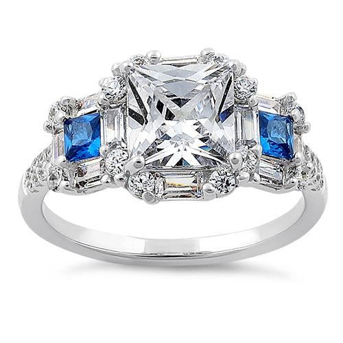 Sterling Silver Classic Princess Emerald & Round Cut Clear & Blue Spinel CZ Ring