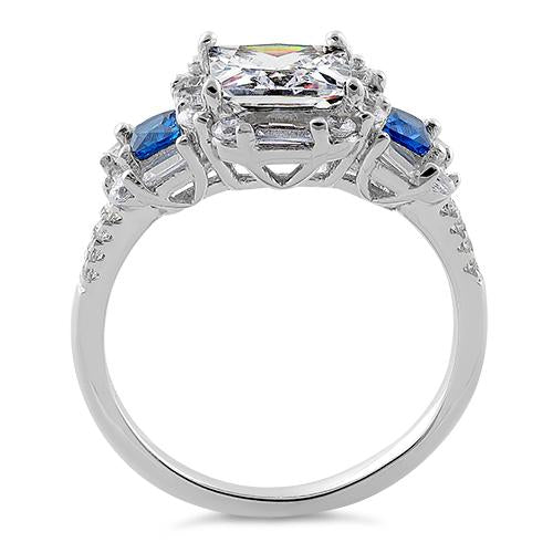 Sterling Silver Classic Princess Emerald & Round Cut Clear & Blue Spinel CZ Ring