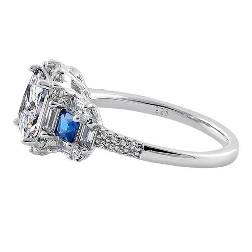 Sterling Silver Classic Princess Emerald & Round Cut Clear & Blue Spinel CZ Ring