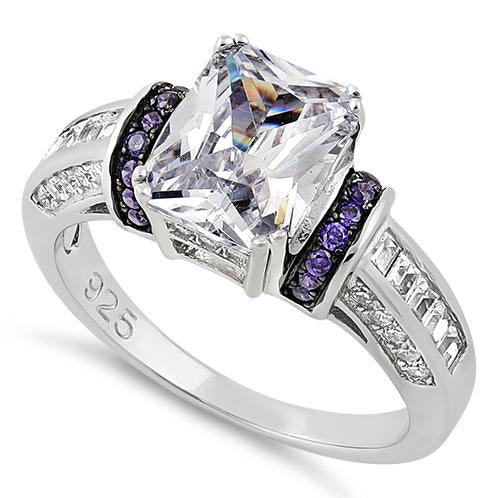 Sterling Silver Clear Emerald Cut Amethyst CZ Ring