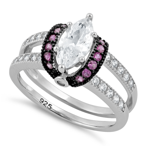 Sterling Silver Clear Marquise Ruby CZ Black Plating Ring