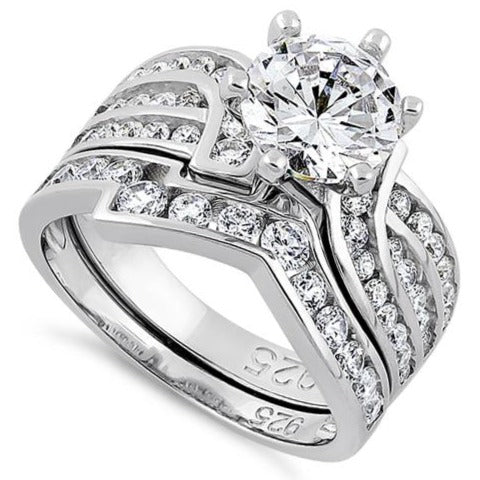 Sterling Silver Round Cut Engagement Set CZ Ring