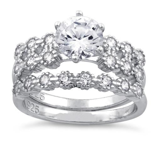 Sterling Silver Clear Round Cut Engagement CZ Set Ring