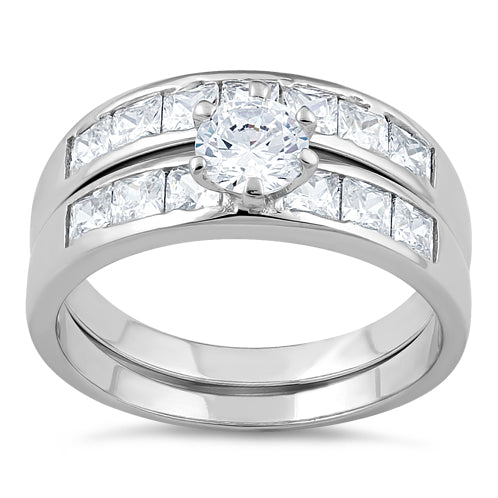 Sterling Silver Clear Round Cut Engagement Set CZ Ring