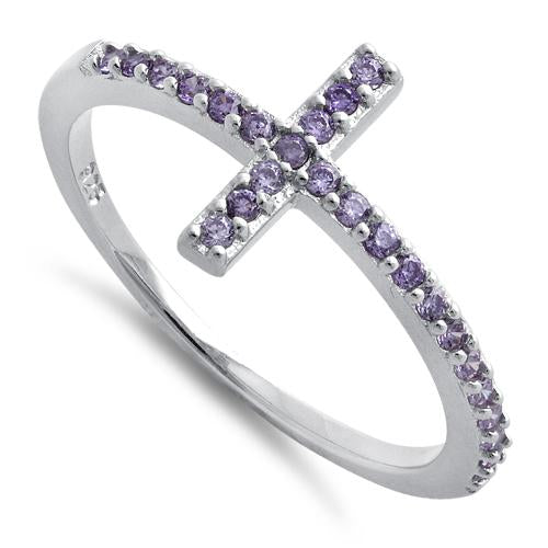 Sterling Silver Cross Amethyst CZ Ring