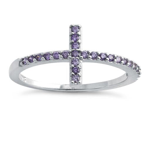 Sterling Silver Cross Amethyst CZ Ring