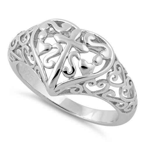 Sterling Silver Cross and Multiple Hearts Ring