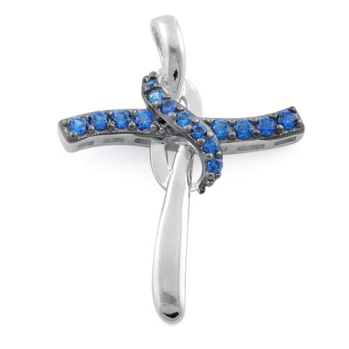 Sterling Silver Cross Blue CZ Pendant