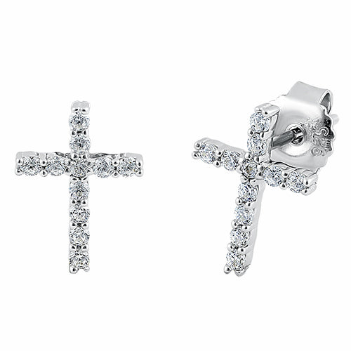 Sterling Silver Cross CZ Stud Earrings
