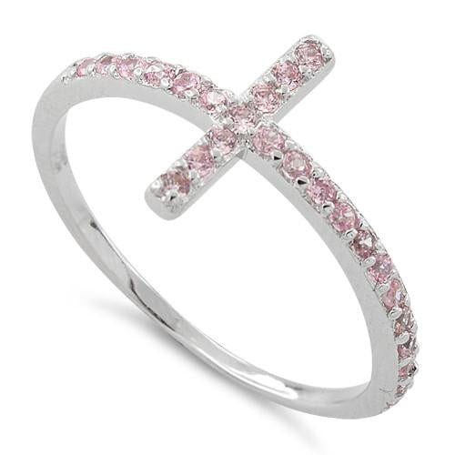 Sterling Silver Cross Pink CZ Ring