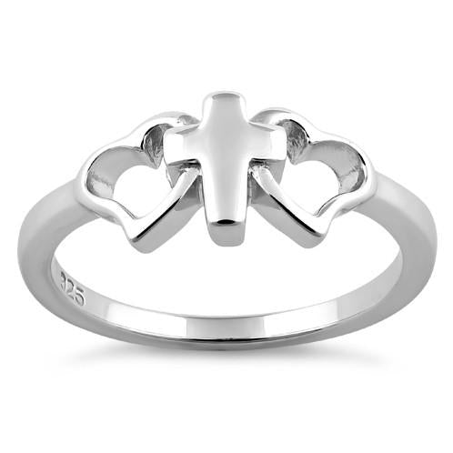 Sterling Silver Cross with 2 Hearts Ring