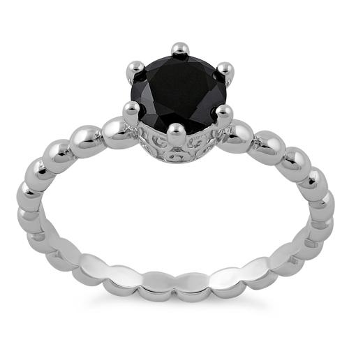 Sterling Silver Crown Beaded Black CZ Ring