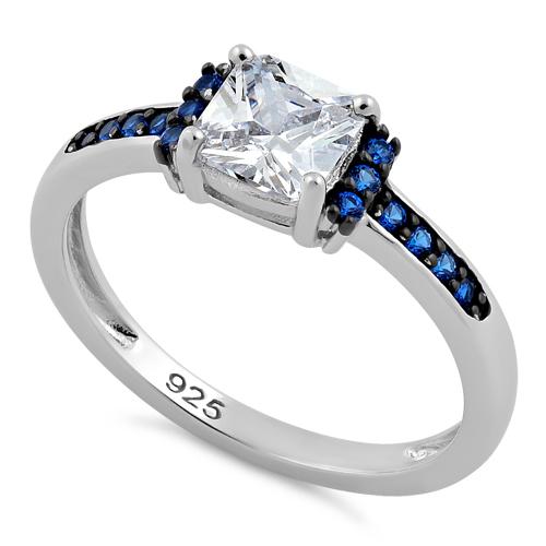 Sterling Silver Cushion Blue Spinel Clear CZ Ring