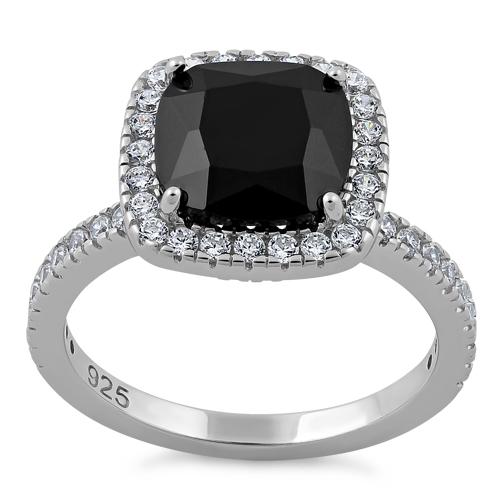 Sterling Silver Cushion Cut Black CZ Ring