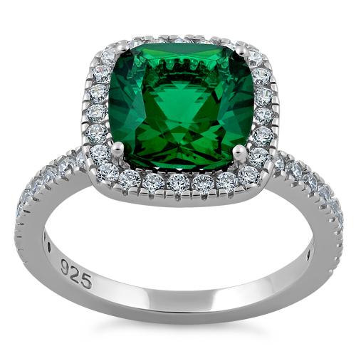 Sterling Silver Cushion Cut Emerald CZ Ring