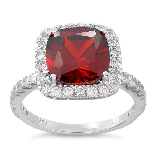 Sterling Silver Cushion-Cut Red CZ Ring