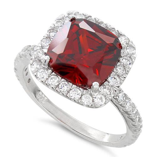 Sterling Silver Cushion Cut Garnet CZ Ring