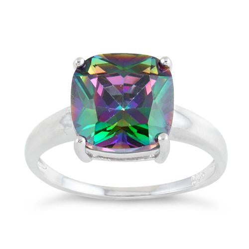 Sterling Silver Cushion Cut Rainbow CZ Ring