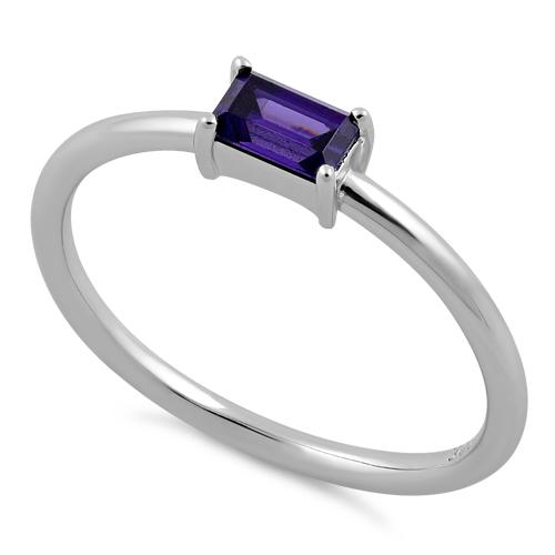 Sterling Silver Dainty Baguette Straight Amethyst CZ Ring